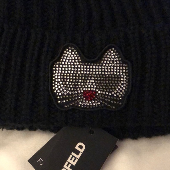 Karl Lagerfeld Paris Black Ribbed Beanie Choupette Patch Faux Fur Pom Pom OS NWT - Picture 15 of 16